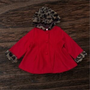 Red Coat with Leopard Print Trim